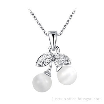 Fashion cat's eye pendant necklace for women, cherry fruit themed gold plated copper alloy